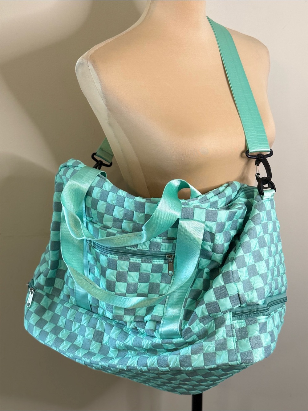 Checkered duffle bag teal gray travel gym school multi pockets - Picture 6 of 15